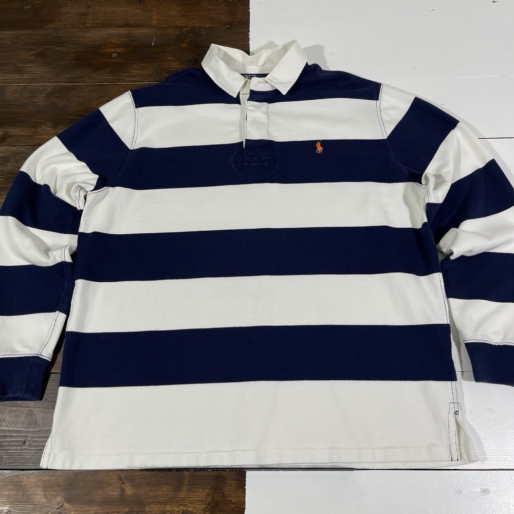 Vintage 90s Polo Ralph Lauren Navy Blue White Striped Rugby Polo Mens XL